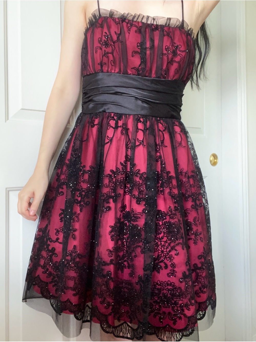 Blondie Nites Vintage Burgundy Dress with Black Lace and Satin Waistband